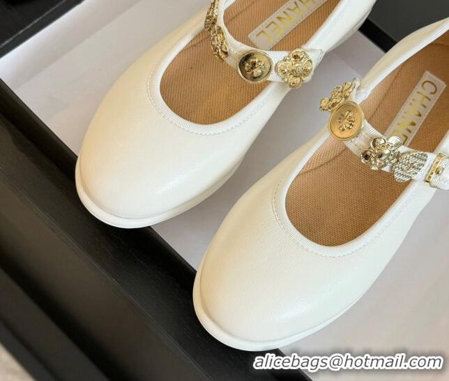 Top Grade Chanel Lambskin Mary Janes Ballet Flat with Charm White 701091