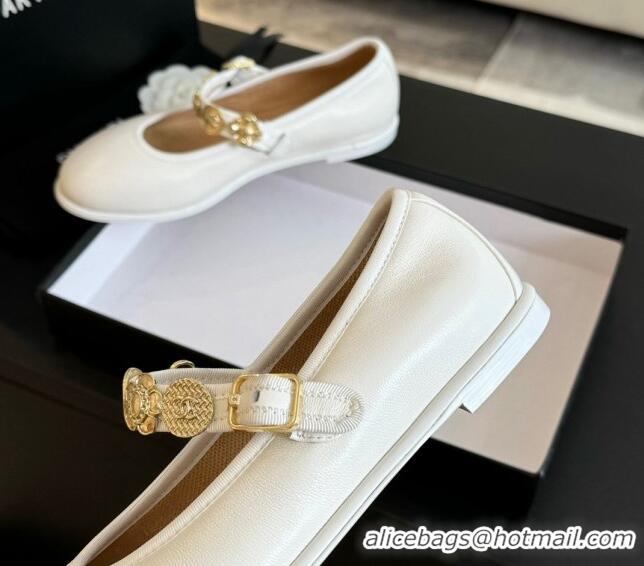 Top Grade Chanel Lambskin Mary Janes Ballet Flat with Charm White 701091