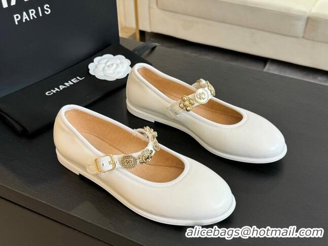 Top Grade Chanel Lambskin Mary Janes Ballet Flat with Charm White 701091