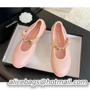 Unique Style Chanel Lambskin Mary Janes Ballet Flat with Charm Light Pink 701094