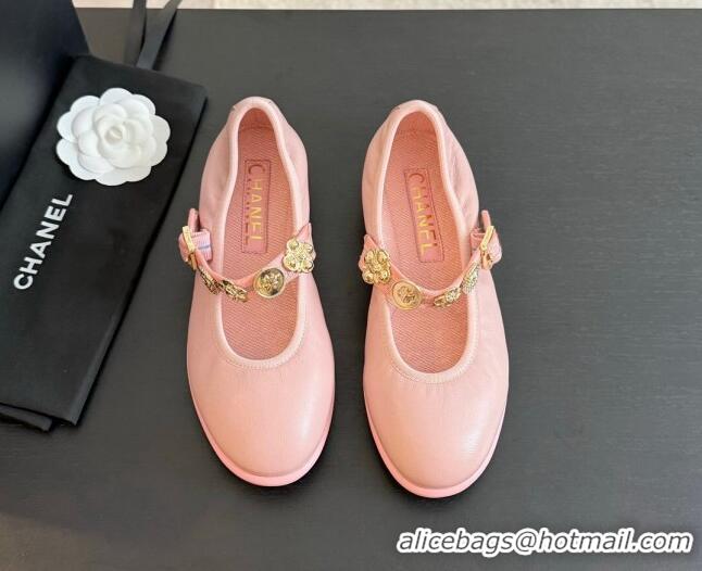 Unique Style Chanel Lambskin Mary Janes Ballet Flat with Charm Light Pink 701094