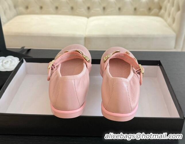 Unique Style Chanel Lambskin Mary Janes Ballet Flat with Charm Light Pink 701094