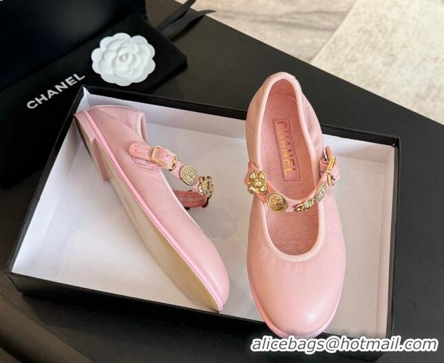 Unique Style Chanel Lambskin Mary Janes Ballet Flat with Charm Light Pink 701094