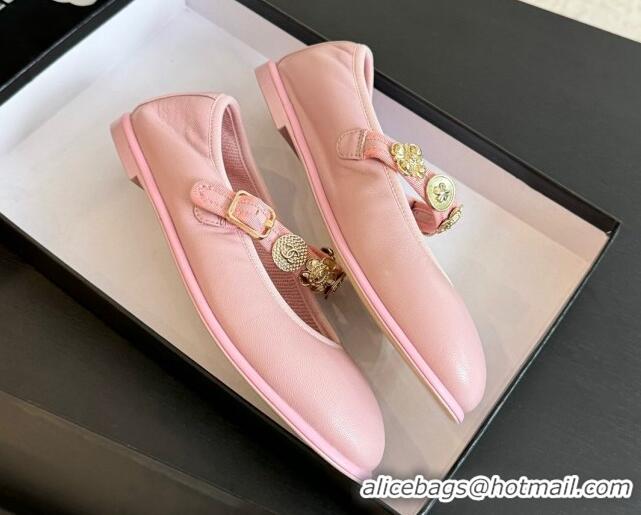 Unique Style Chanel Lambskin Mary Janes Ballet Flat with Charm Light Pink 701094