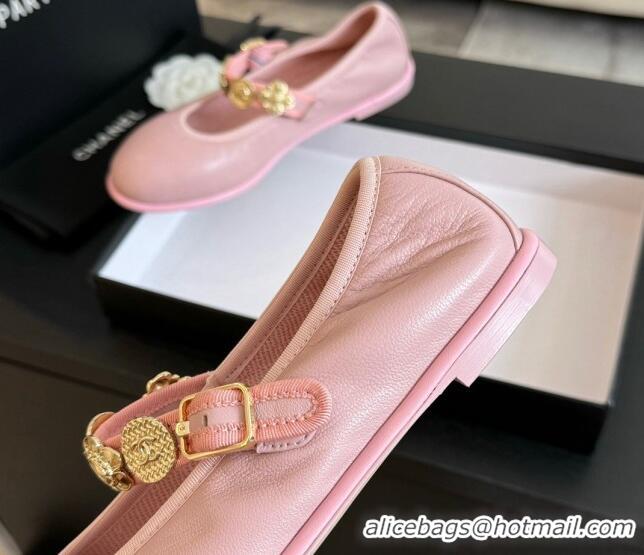 Unique Style Chanel Lambskin Mary Janes Ballet Flat with Charm Light Pink 701094