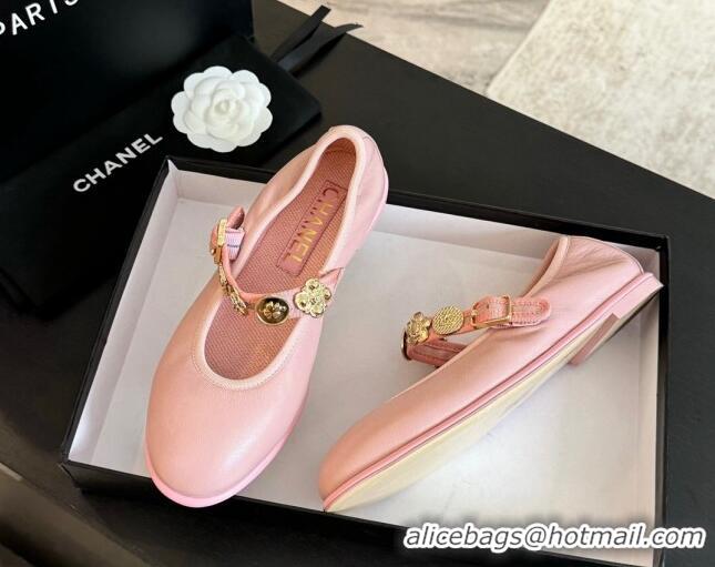 Unique Style Chanel Lambskin Mary Janes Ballet Flat with Charm Light Pink 701094