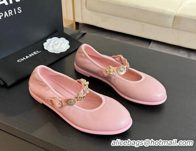 Unique Style Chanel Lambskin Mary Janes Ballet Flat with Charm Light Pink 701094