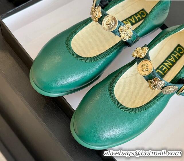 Best Product Chanel Lambskin Mary Janes Ballet Flat with Charm Green 701095