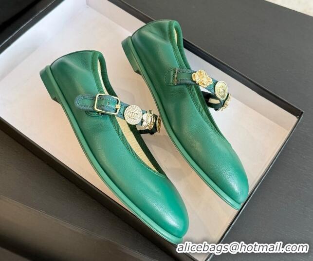 Best Product Chanel Lambskin Mary Janes Ballet Flat with Charm Green 701095