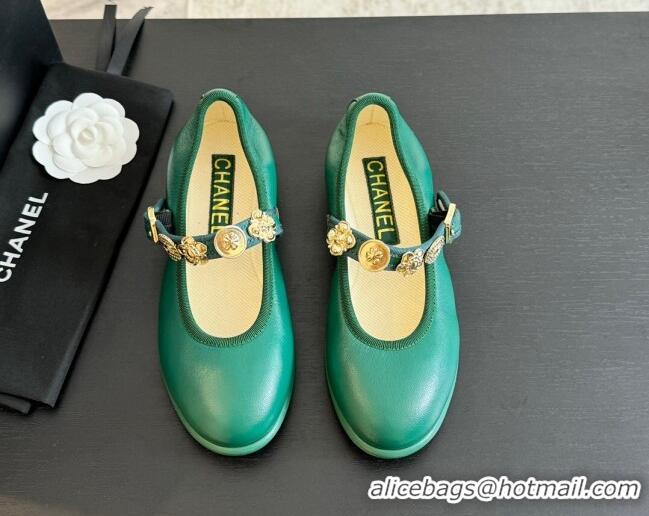 Best Product Chanel Lambskin Mary Janes Ballet Flat with Charm Green 701095