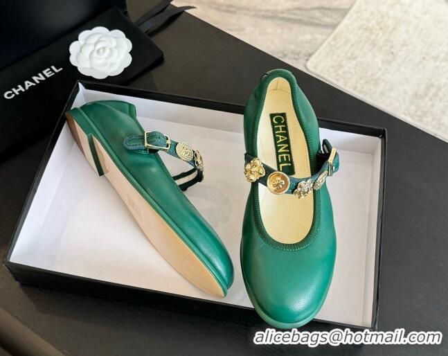 Best Product Chanel Lambskin Mary Janes Ballet Flat with Charm Green 701095