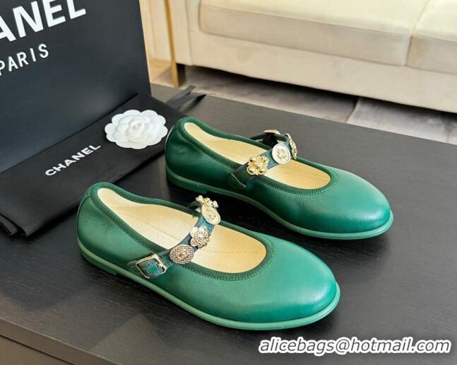 Best Product Chanel Lambskin Mary Janes Ballet Flat with Charm Green 701095