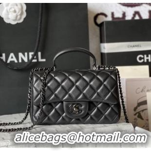 Reasonable Price Chanel Lambskin Mini Flap Bag with Top Handle AS2431 All Black 2024