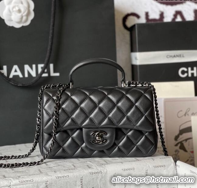 Reasonable Price Chanel Lambskin Mini Flap Bag with Top Handle AS2431 All Black 2024