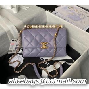 Promotional Chanel Shiny Lambskin Mini Flap Bag with Top Handle Bag AS5001 Pearls Light Purple 2024