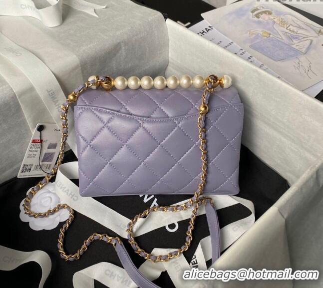 Promotional Chanel Shiny Lambskin Mini Flap Bag with Top Handle Bag AS5001 Pearls Light Purple 2024