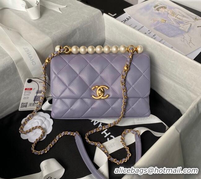 Promotional Chanel Shiny Lambskin Mini Flap Bag with Top Handle Bag AS5001 Pearls Light Purple 2024