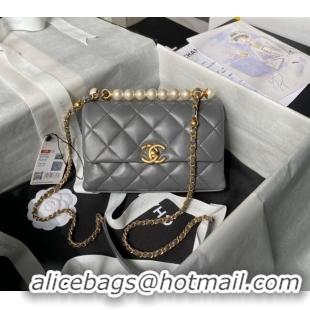 Inexpensive Chanel Shiny Lambskin Mini Flap Bag with Top Handle Bag AS5001 Pearls Grey 2024