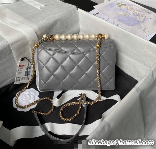 Inexpensive Chanel Shiny Lambskin Mini Flap Bag with Top Handle Bag AS5001 Pearls Grey 2024