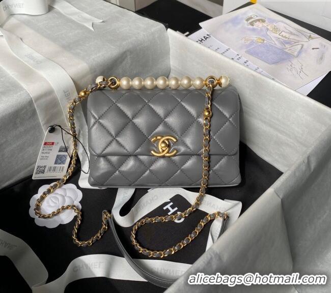 Inexpensive Chanel Shiny Lambskin Mini Flap Bag with Top Handle Bag AS5001 Pearls Grey 2024