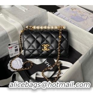 Low Price Chanel Shiny Lambskin Mini Flap Bag with Top Handle Bag AS5001 Pearls Black 2024