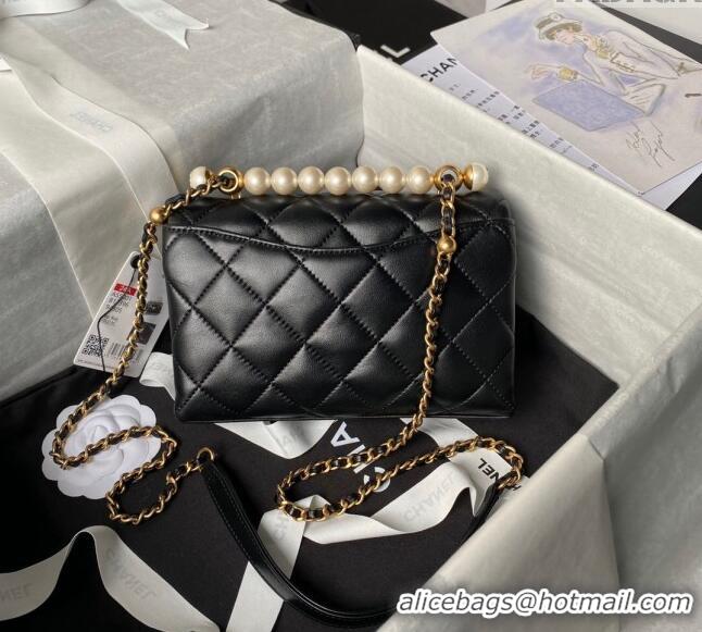 Low Price Chanel Shiny Lambskin Mini Flap Bag with Top Handle Bag AS5001 Pearls Black 2024