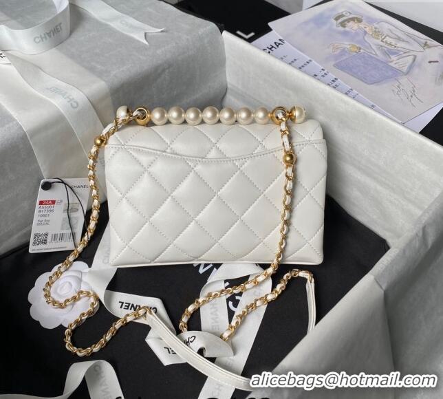 Super Quality Chanel Shiny Lambskin Mini Flap Bag with Top Handle Bag AS5001 Pearls White 2024