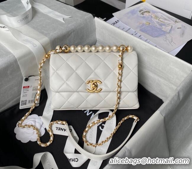 Super Quality Chanel Shiny Lambskin Mini Flap Bag with Top Handle Bag AS5001 Pearls White 2024