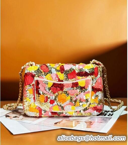 Buy Fashionable Chanel Mini Flap Bag with Sequins and Ribbon AS7067 Orange 2024