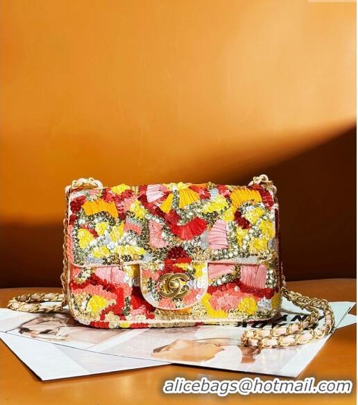 Buy Fashionable Chanel Mini Flap Bag with Sequins and Ribbon AS7067 Orange 2024