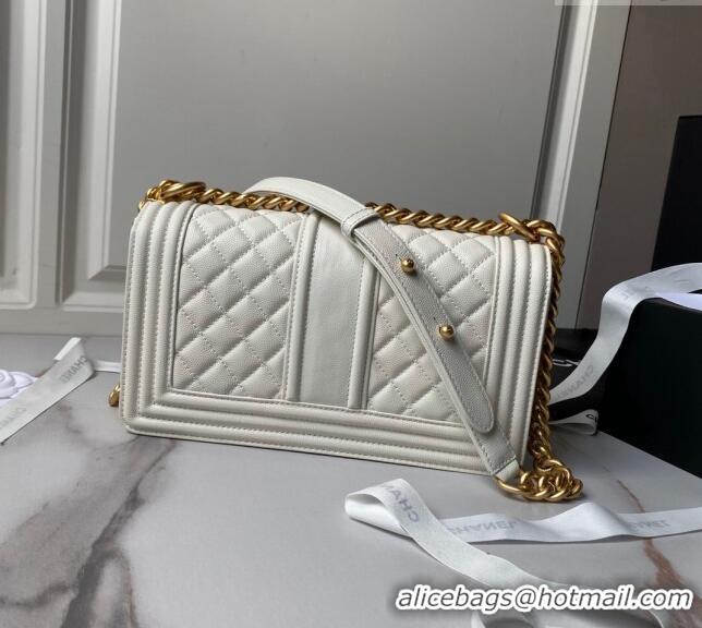 New Style Chanel Grained Shiny Calfskin Medium Boy Handbag A67086 White 2024