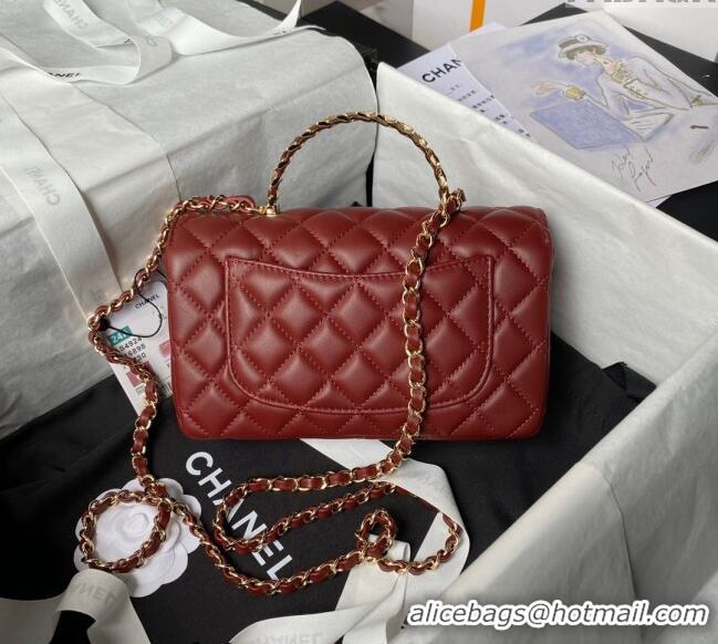 Best Price Chanel Shiny Lambskin Mini Flap Bag with Top Handle Bag AS4924 Strass Burgundy 2024