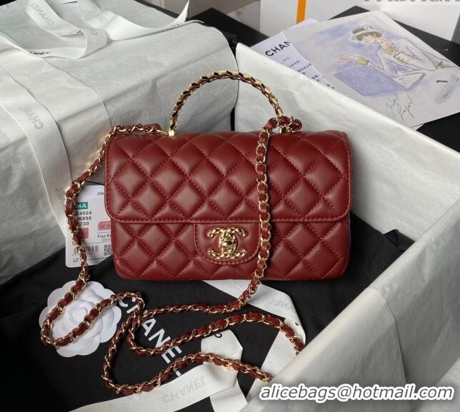 Best Price Chanel Shiny Lambskin Mini Flap Bag with Top Handle Bag AS4924 Strass Burgundy 2024