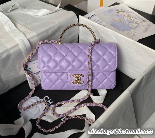 Promotional Chanel Shiny Lambskin Mini Flap Bag with Top Handle and Strass AS4924 Purple 2024