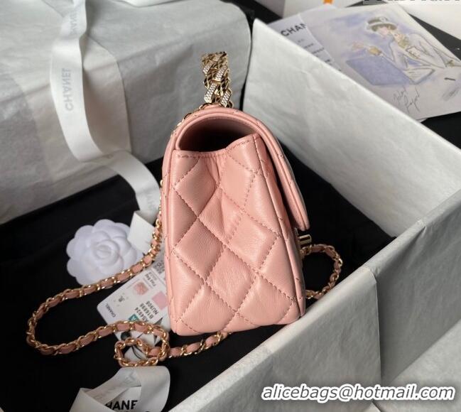 Low Cost Chanel Shiny Lambskin Mini Flap Bag with Top Handle and Strass AS4924 Light Pink 2024