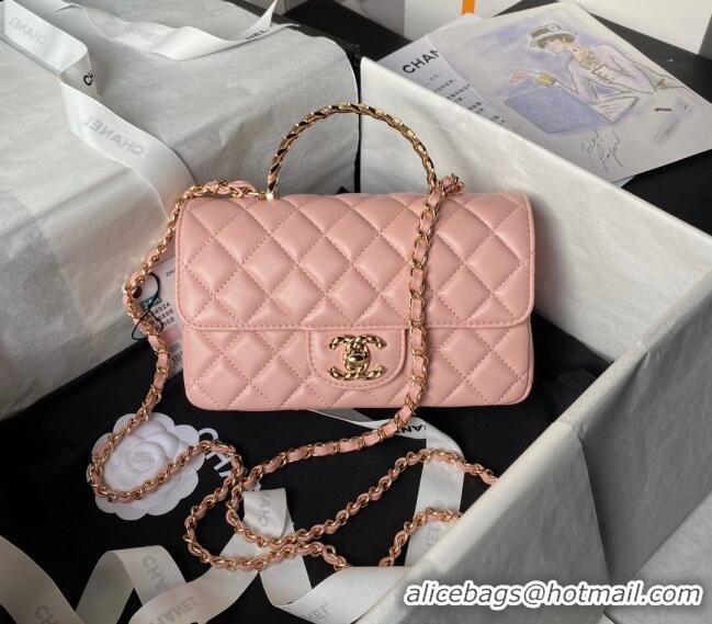 Low Cost Chanel Shiny Lambskin Mini Flap Bag with Top Handle and Strass AS4924 Light Pink 2024