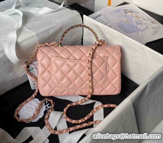 Low Cost Chanel Shiny Lambskin Mini Flap Bag with Top Handle and Strass AS4924 Light Pink 2024