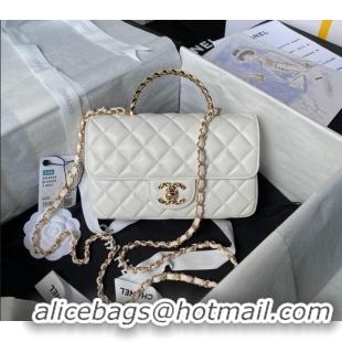 Super Quality Chanel Shiny Lambskin Mini Flap Bag with Top Handle and Strass AS4924 White 2024