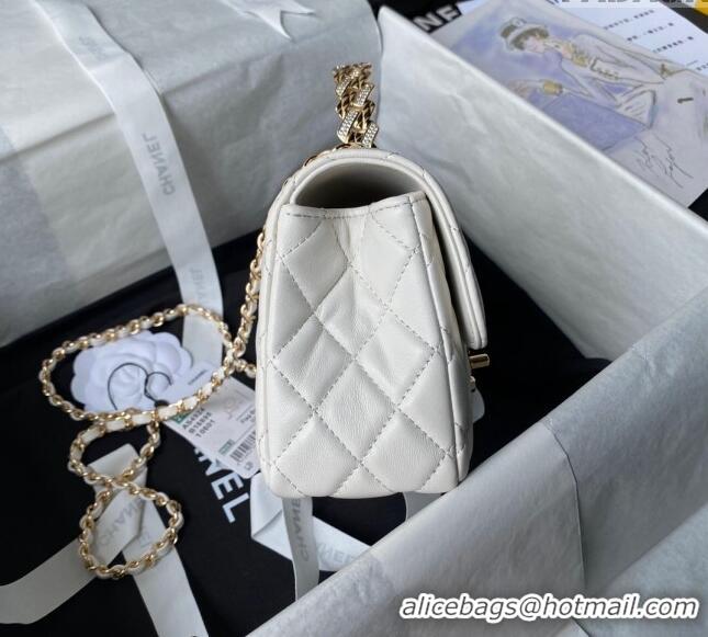 Super Quality Chanel Shiny Lambskin Mini Flap Bag with Top Handle and Strass AS4924 White 2024