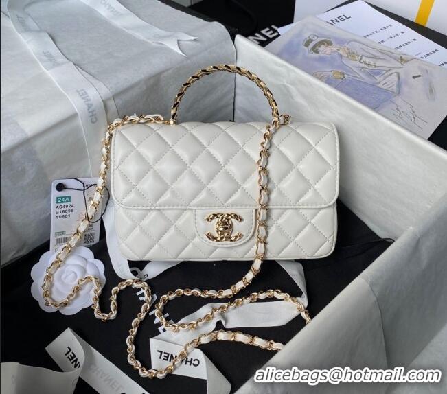 Super Quality Chanel Shiny Lambskin Mini Flap Bag with Top Handle and Strass AS4924 White 2024