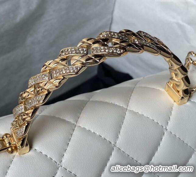 Super Quality Chanel Shiny Lambskin Mini Flap Bag with Top Handle and Strass AS4924 White 2024