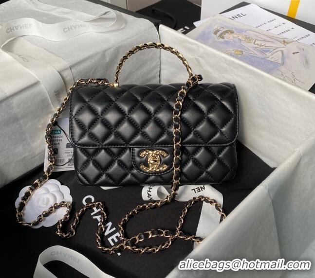 Buy Fashionable Chanel Shiny Lambskin Mini Flap Bag with Top Handle and Strass AS4924 Black 2024