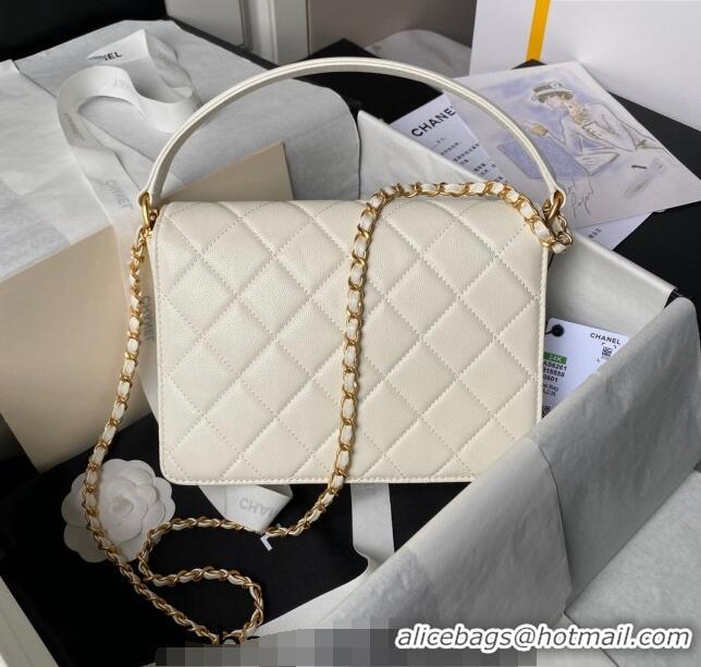 New Design Chanel Grained Calfskin Flap bag with Top handle AS6261 White 2024