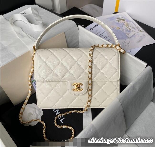 New Design Chanel Grained Calfskin Flap bag with Top handle AS6261 White 2024