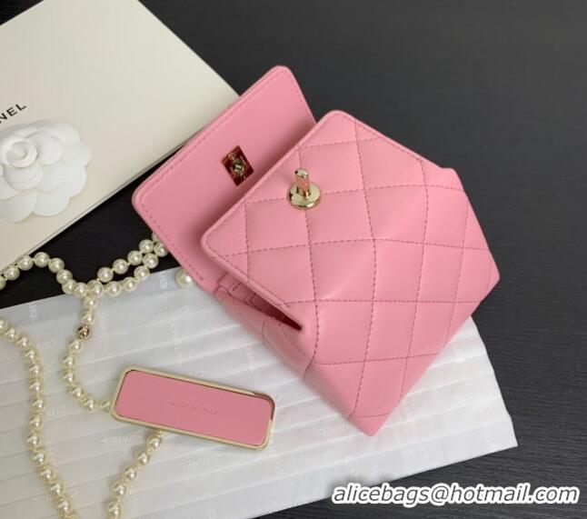 Shop Grade Chanel Lambskin Triangle Clutch with Chain and AP4006 Pearls Light Pink 2024