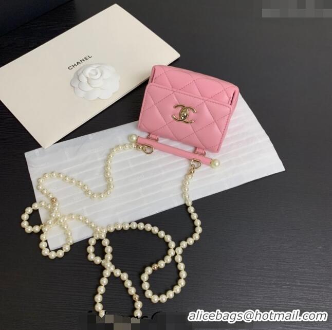 Shop Grade Chanel Lambskin Triangle Clutch with Chain and AP4006 Pearls Light Pink 2024