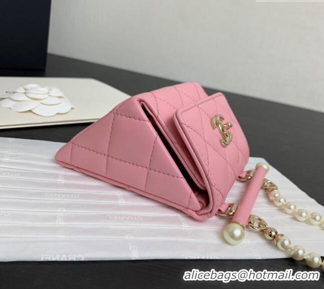 Shop Grade Chanel Lambskin Triangle Clutch with Chain and AP4006 Pearls Light Pink 2024