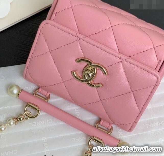 Shop Grade Chanel Lambskin Triangle Clutch with Chain and AP4006 Pearls Light Pink 2024