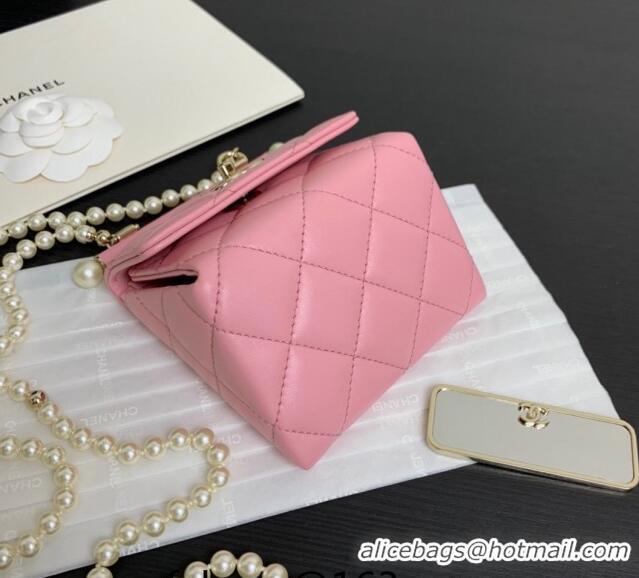 Shop Grade Chanel Lambskin Triangle Clutch with Chain and AP4006 Pearls Light Pink 2024