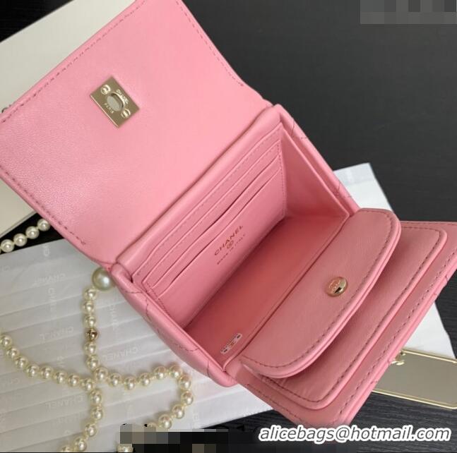 Shop Grade Chanel Lambskin Triangle Clutch with Chain and AP4006 Pearls Light Pink 2024